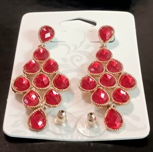 SIMULATED BIRTHSTONE PEAR CHANDELIER EARRINGS JULY RUBY COLOR  GOLD TONE